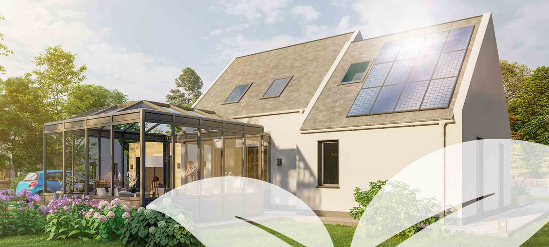 Modern home with solar panels on roof