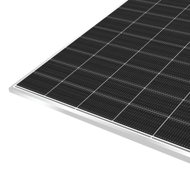 Close-up of the corner of the Hyundai OI Series HeteroMax 590W silver-framed solar panel