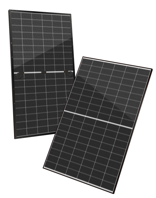 Both faces of the Hyundai OI Series HeteroMax 590W silver-framed solar panel