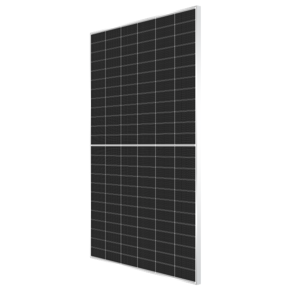Hyundai OI Series 590W silver-framed solar panel situated on an angle